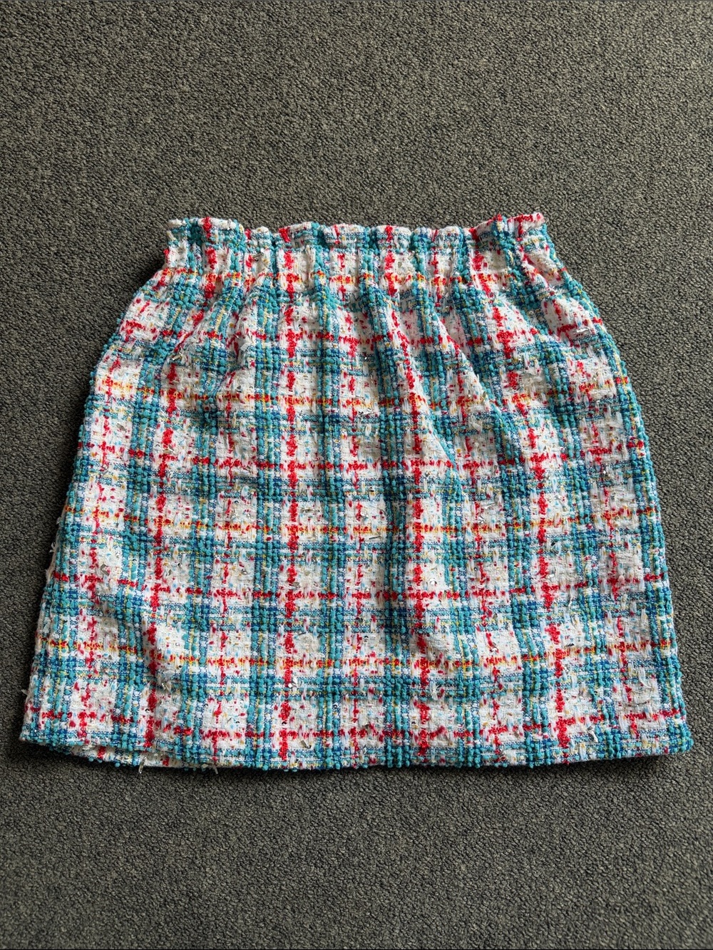 Textured Tweed A-Line Skirt in White, Teal & Red